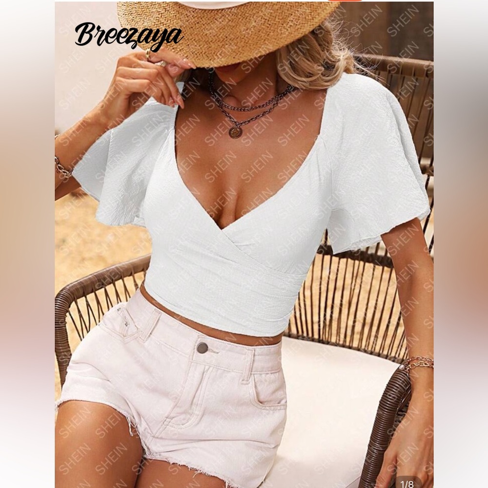 SHEIN White Smocked Wrap Top NWOT